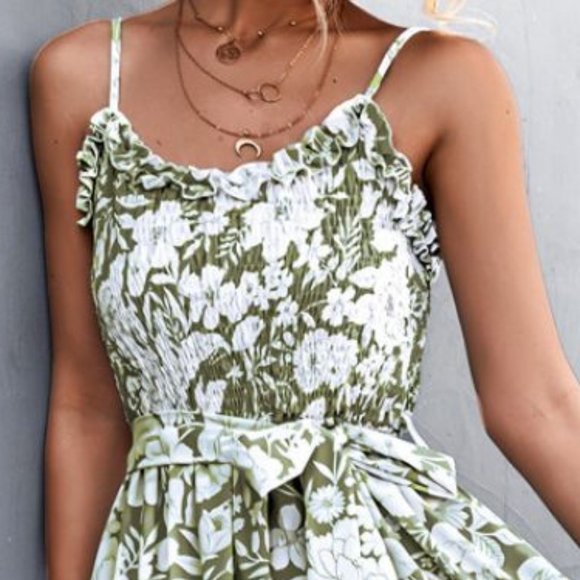 Floral Frill Trim Scoop Neck Spaghetti Strap Dress - Picture 3 of 7